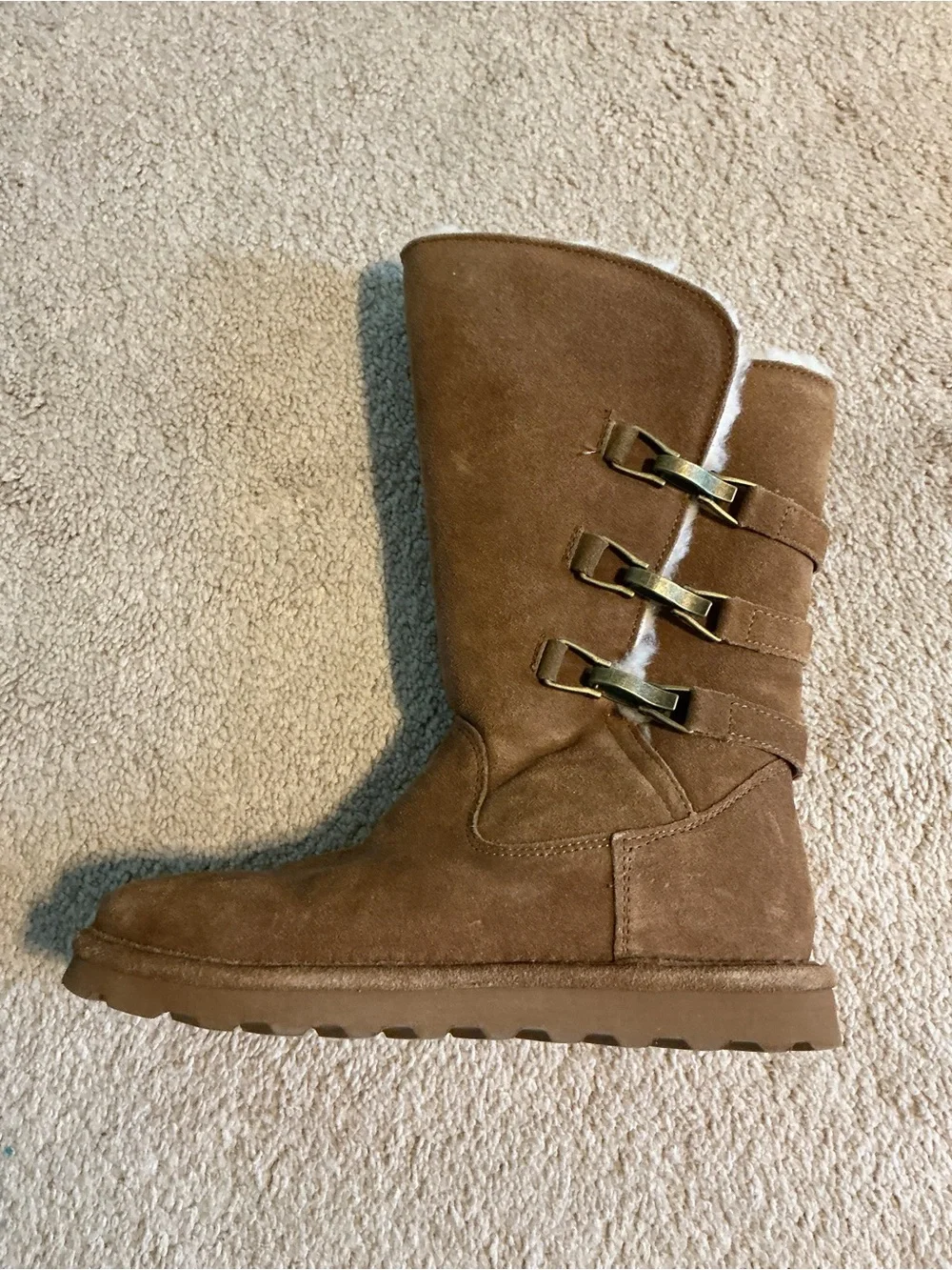 BearPaw Women's Brown Suede Mid-Calf Shearling Boot with Buckles